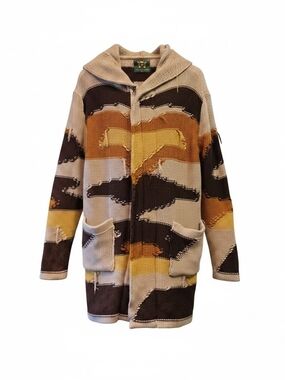 One In A Million Textured Hooded Knit Cardigan in Beige, Brown & Mustard